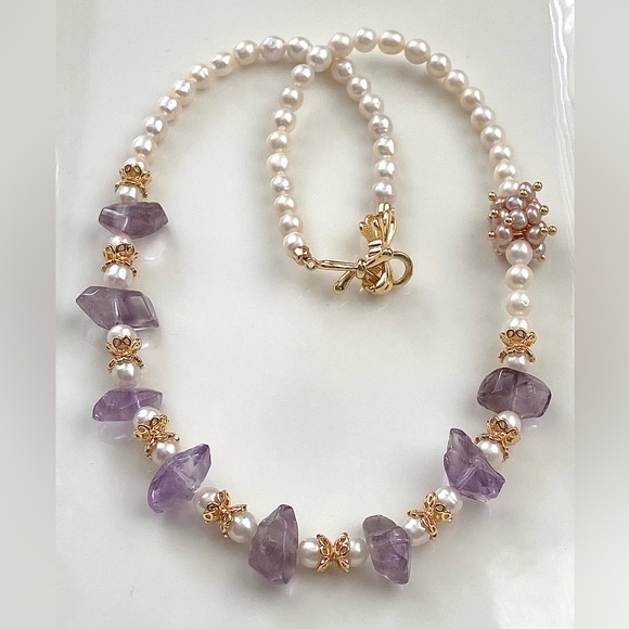 GP47-Handmade Natural Amethyst And Natural Freshwater Baby Pearl Necklace - Picture 2 of 13